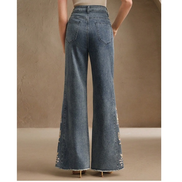Boho Dark Wash Floral Embroidered Wide Leg Denim Jeans - Picture 5 of 6